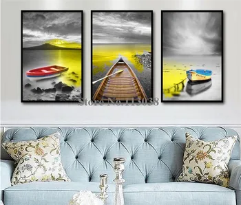

3 Pieces Minimalist Mood Sea Gold Sailing Printed Canvas Painting Living Room Wall Art Pictures No Frame
