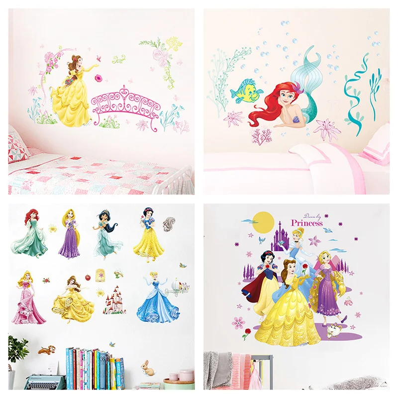 Snow White Sofia Mermaid Rapunzel Cinderalle Belle Ariel Princess Wall Stickers For Home Decor Kids Room Decal Cartoon Mural Art