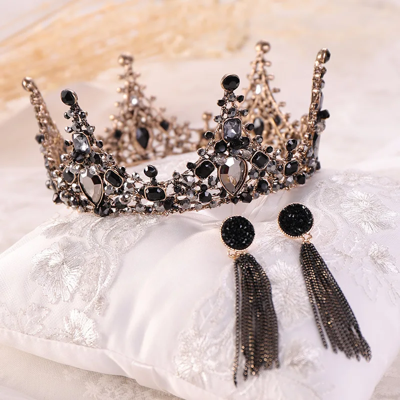 Винтажные черные хрустальные Свадебные короны Tiaras Полный Круглый Свадебный серьга с короной набор новые аксессуары для головных уборов для волос невесты