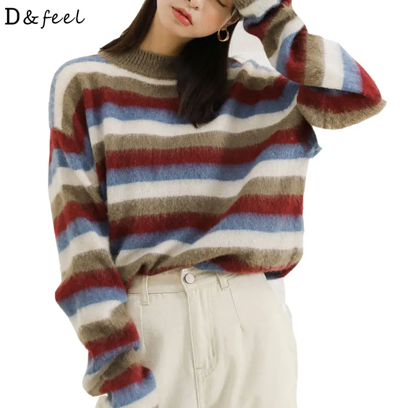 2018 Women Knitted Pullovers Sweater Autumn Winter Loose Rainbow Rayas Long Sleeve O Neck Oversized Ladies Jumper Fashion Coat | Женская