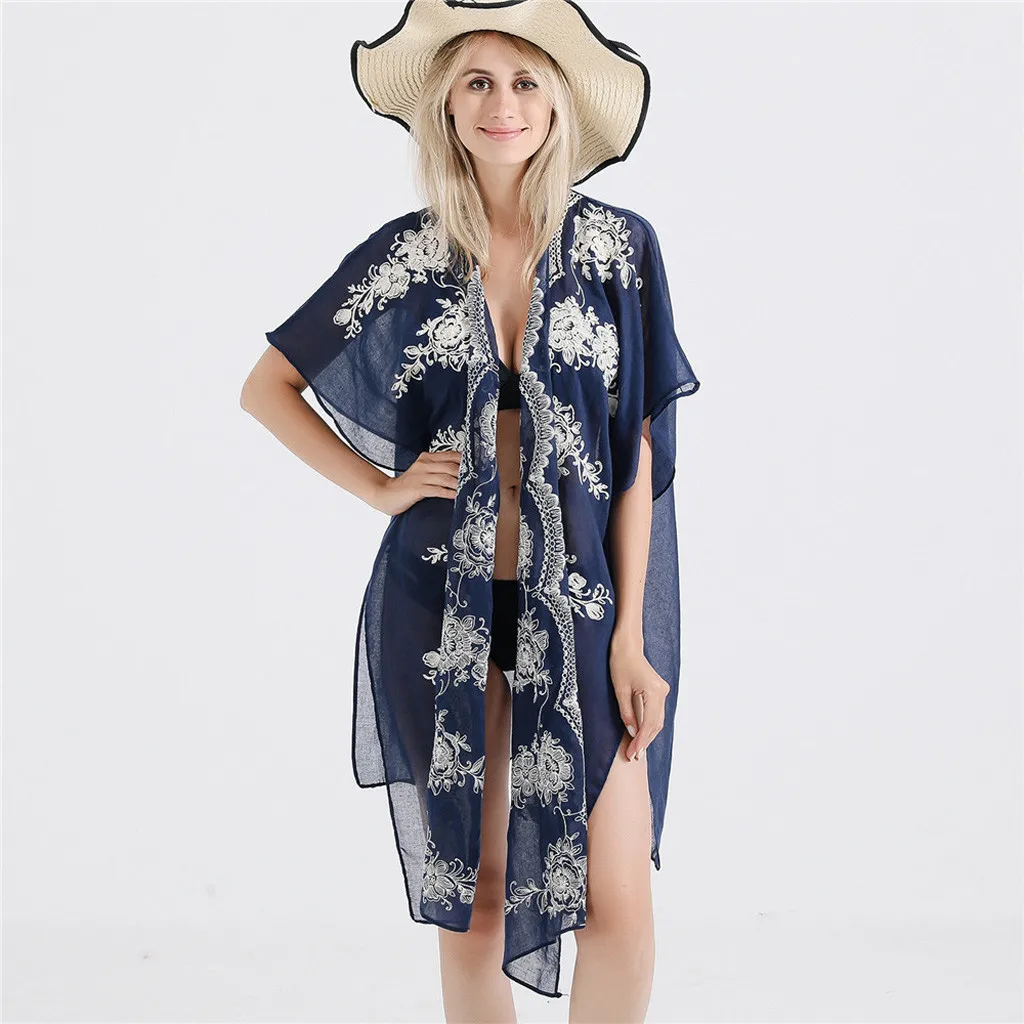 

2019 Women Floral Print Bikini Cover Up Cardigan Chiffon Embroidered Kaftan Beach Dress Summer Swimsuit Beach Pareos Beachwear