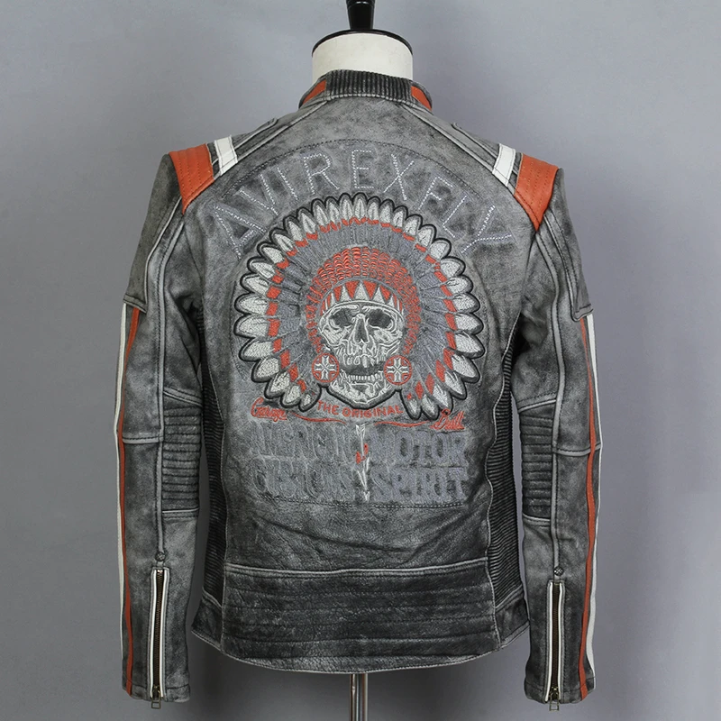 

AVIREX FLY Fashion Mens Vintage Genuine Leather Motorcycle Jacket Slim Fit Skull Leather Jacket Men Black Biker Jacket