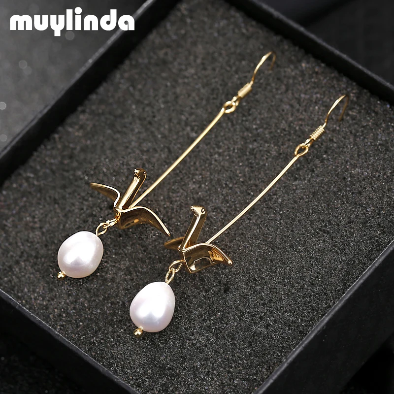 

muylinda Paper Crane Pearls Drop Earring Women Girls Fashion Dangle Statement Earrings Party Wedding Earring Jewelry