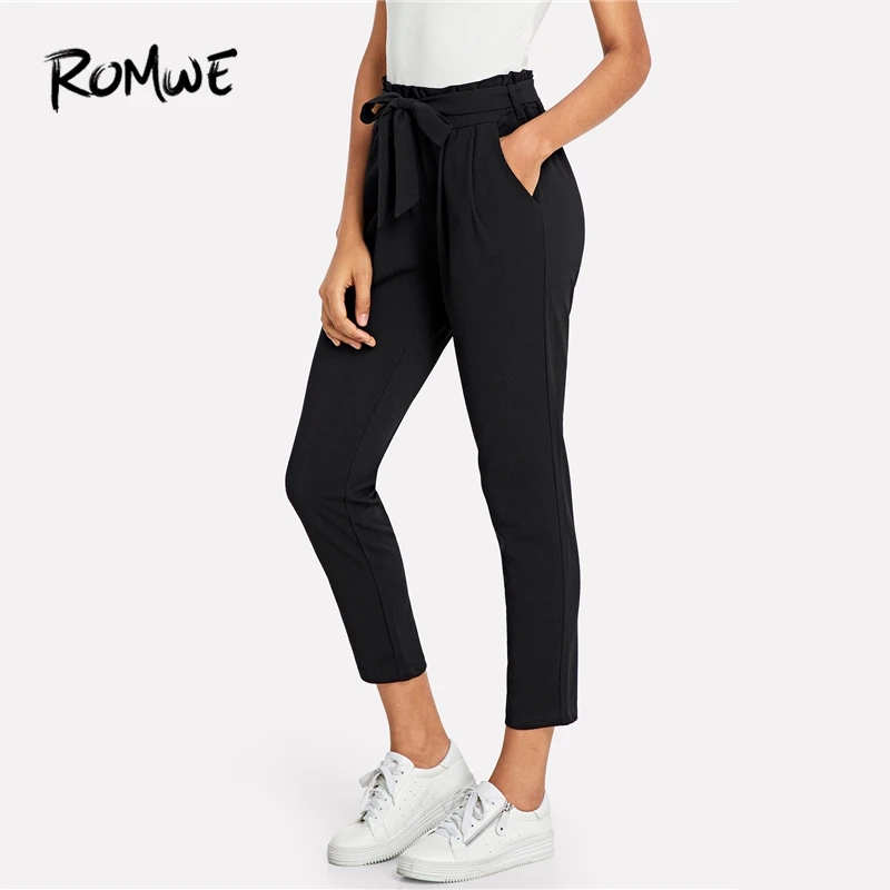 ROMWE Black Belted Frill Trim Tie Waist Pants Women Casual