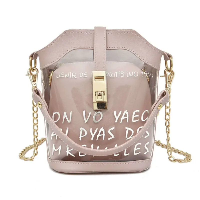 

Ladies Shoulder Bags Crossing Body Letter Print Transparent Clear Bucket Bag Messenger Bags For Women 2019