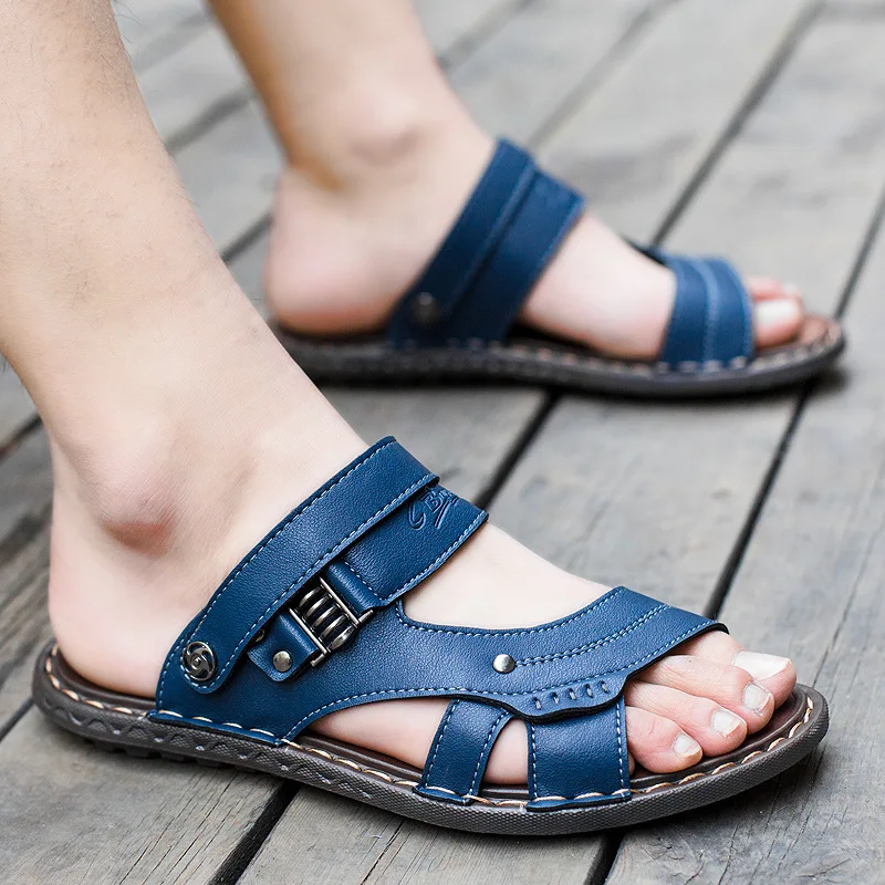 

2018 New Men's Flip Flops Genuine Leather Slippers Summer Fashion Beach Sandals Shoes For Men Big Size 46