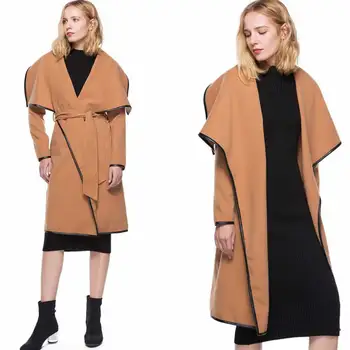 

2019 Brand New Autumn Winter Wool Coat Women Long Sleeve PU Side Long Lace Up Trench Fashion Lapel Outwear VKCO1063