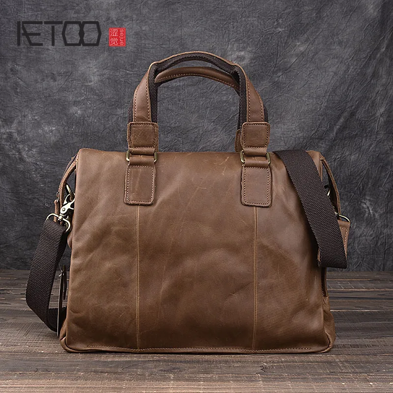 

AETOO Crazy horse skin retro handbag hand leather handbag postman briefcase cowhide shoulder Messenger bag computer bag