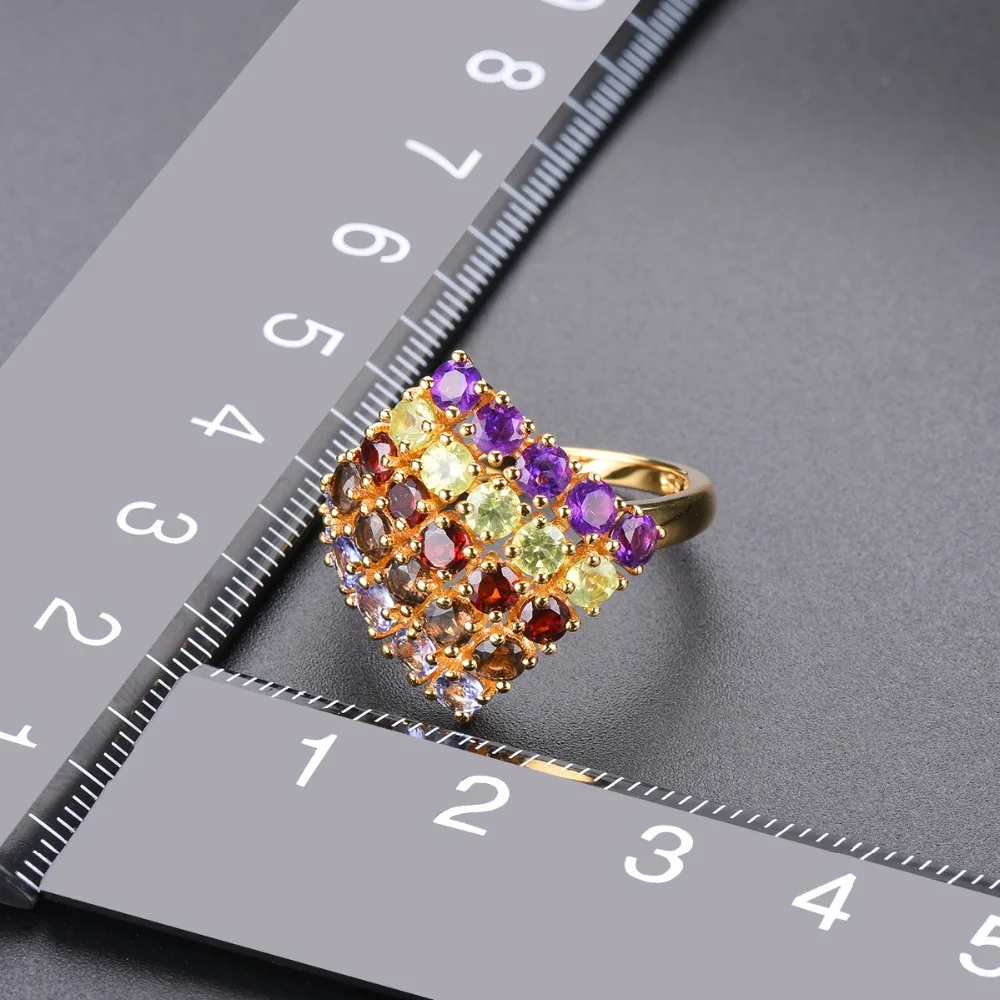 HUTANG Gemstones Rings Gold Solid 925 Sterling Silver Ring Natural Tanzanite Garnet Amethyst Fine Stone Jewelry Women Girls New