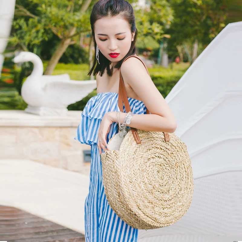 

2018 New Natural hand-woven big straw bag round popularity straw Women Shoulder Bag beach holiday bag Ladies Tote large handbag
