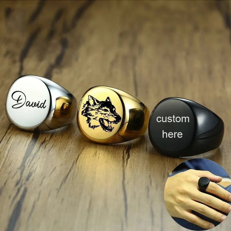 

Mens Round Top Signet Rings 20mm Chunky Free Personalize Custom Engraving Heavy Stainless Steel Stamp Ring Punk Male Boy Anel