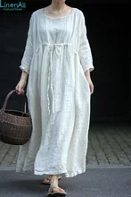 LinenAll women’s summer dress, ivory white square collar pumping 100% linen jacquard loose one-piecelong dress gown yijiu