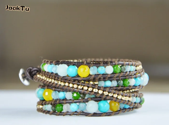 

Free shipping wholesale fashion green mixed gold nuggets stone wrap bracelet