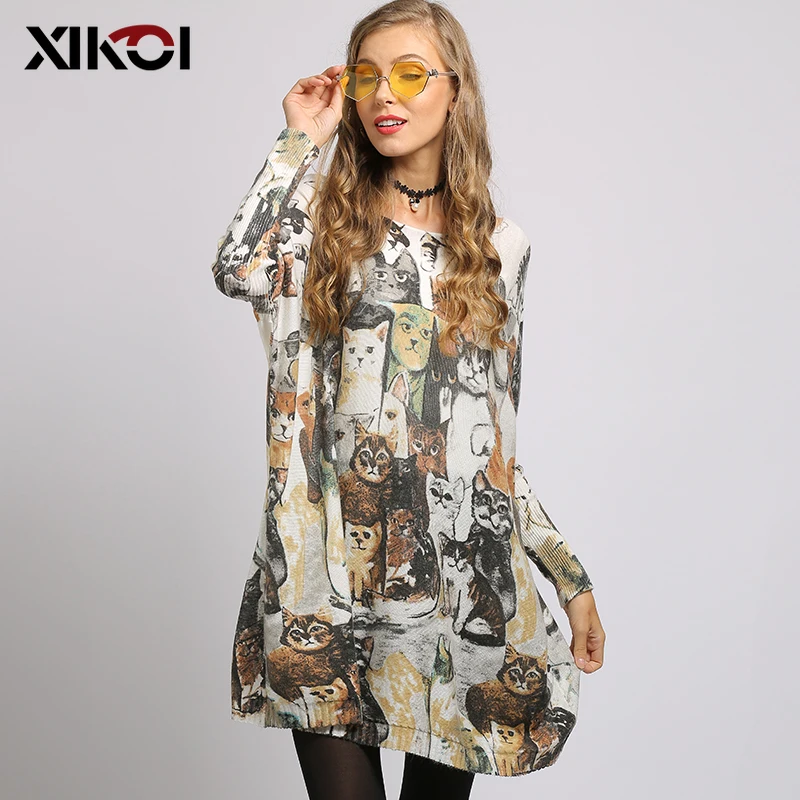 Ceny XIKOI europejskie i amerykańskie ponadgabarytowe damskie swetry nadruk kota pulowery z prostym wycięciem przy szyi komputer dzianinowy Casual długa luźna sweter
