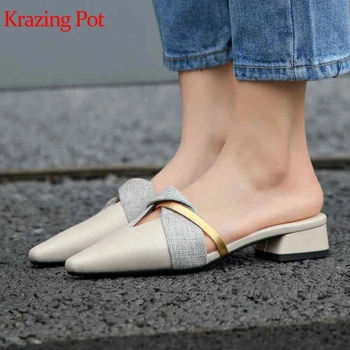 

Krazing Pot 2021 genuine leather mixed color patch work concise design daily wear mules women princess fairy girls pumps L67
