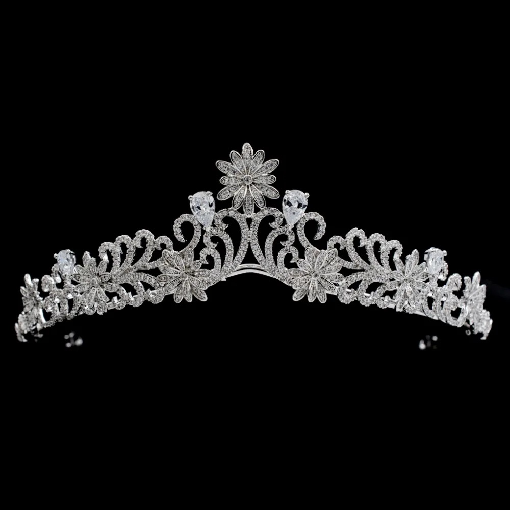 

Fashion Full 5A CZ Cubic Zirconia Wedding Bride Flowers Tiara Crown Hair Jewelry Accessories Rhinestone Crystals Tiaras S16426