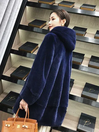 Новое натуральное Норковое меховое пальто с капюшоном, длинное пальто, зимняя женская верхняя одежда