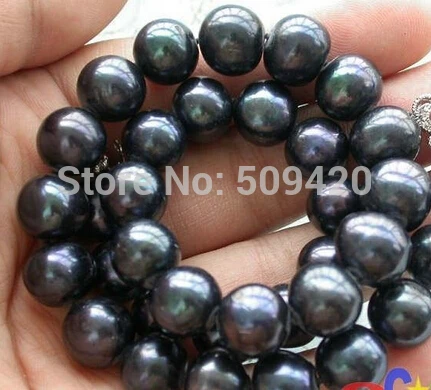 

~~ Free Shipping >HUGE REAL 17" 12mm ROUND BLACK PEARL NECKLACE