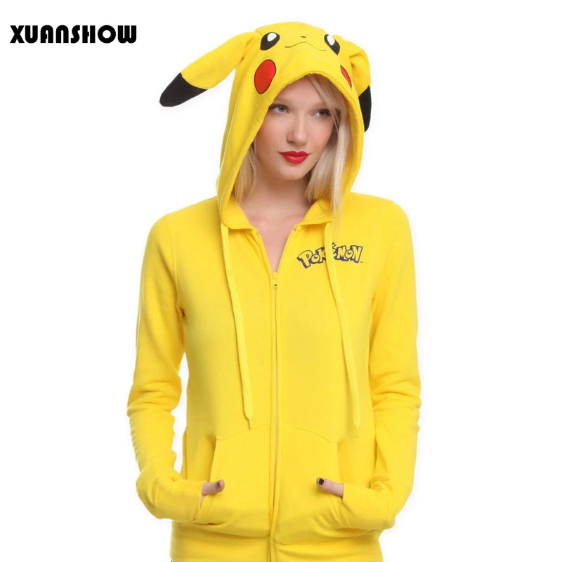 2016 Fashion Women Jacket Yellow Solid Pokemon Pikachu Printed Costume Tail Zip Totoro Hoodie Sweatshirt Sudaderas Mujer