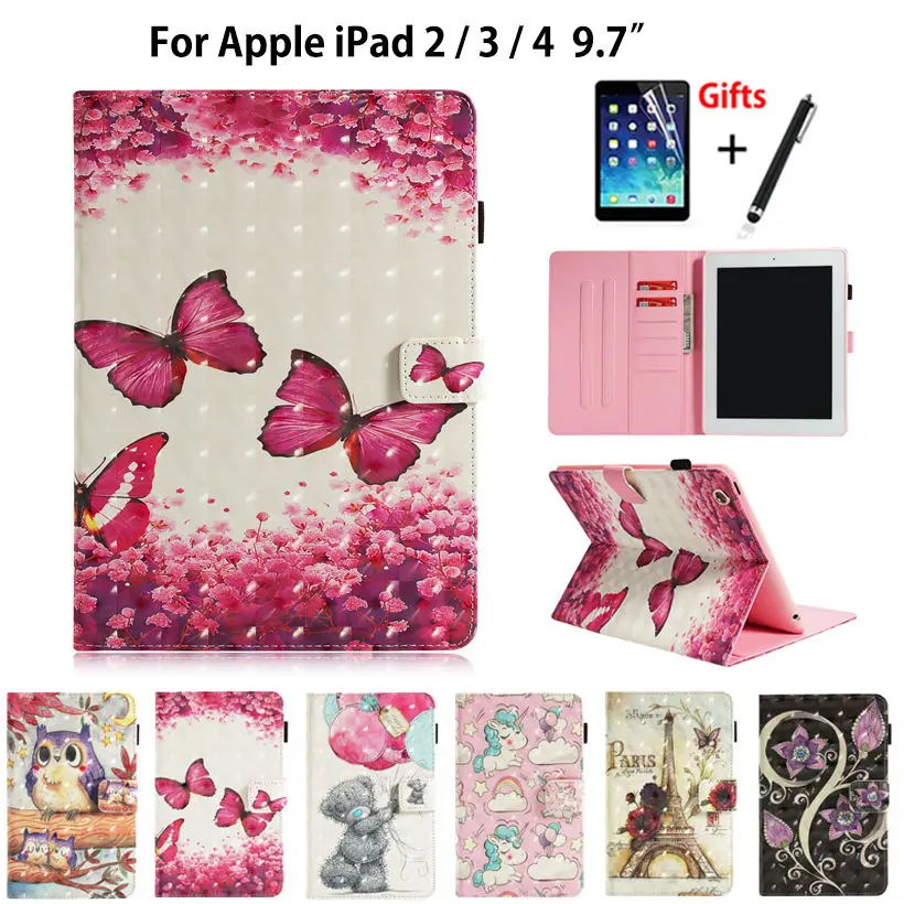 

Case For Apple iPad 2 3 4 Cover Funda Tablet Silicone PU Leather For iPad 2 iPad 3 iPad 4 3D Painted Stand Shell +Stylus+film