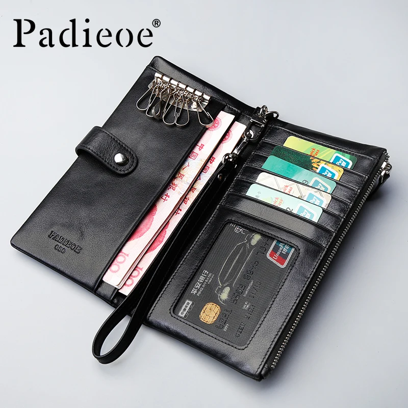 

Padieoe New Genuine Cow Leather Men Wallets Casual Zipper Purse Men Luxury Designer Key Chain Holder Coin Pocket
