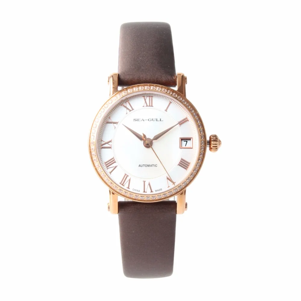 

Seagull Rhinestone Bezel MOP Satin Finished Strap Auto Date Onion Crown Gold Plated Self Wind Automatic Women's Watch 719.387