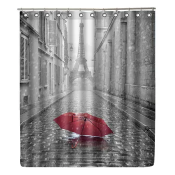 

Rain Umbrella Street Shower Curtain Waterproof Paris Tower Bathroom Curtain Modern Bath Curtain With 12 Hooks For Home