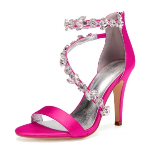 Пикантная Женская атласная вечерняя Обувь в римском стиле с тонким ремешком и кристаллами Свадебные Вечерние туфли на высоком каблуке - Цвет: Hotpink
