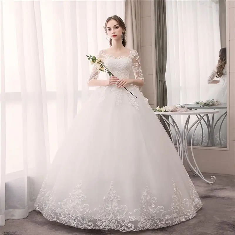 EZKUNTZA O Neck Half Sleeve Wedding Dress Fashion Slim Lace Embroidery Lace Up Plus Size Custom Made Wedding Gown Robe De Mariee ball gown wedding dress Wedding Dresses