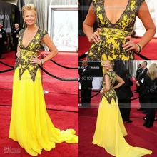 Helle Gelbe V-ausschnitt A-Line Bodenlangen Chiffon Abendkleider Spitze Appliques Sweep Zug Promi Kleid WL184
