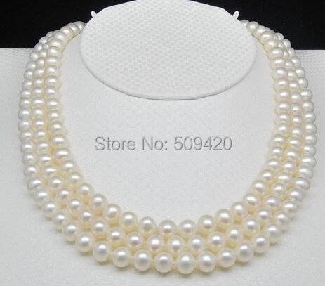 

Free Shipping >>3-Row Natural 7-8mm AAA pearl necklaces 17-18-19