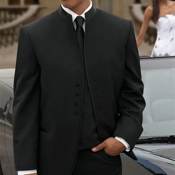

Classic Mens Suits Groomsmen Mandarin Lapel Groom men suit Tuxedos 2017 Black Wedding Best Man Suit (Jacket+Pants+Tie+Vest)