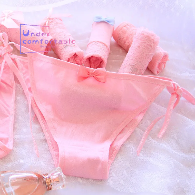 

1116 Pink Color Lace Lady Underwear Solid Kawaii Women Lovely Bowknot Lingerie Comfortable Panties Mid-Rise Girl Briefs