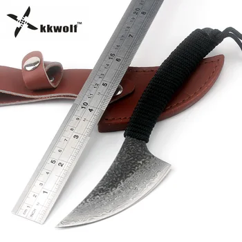 

KKWOLF Sharp Handmade Damascus Steel hunting knife Camping Tactics fixed straight knife outdoor survival rescue knives EDC tool