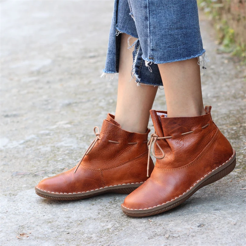 

2018 women new full grain leather retro Martin boots Mori girl art short boots spring summer leather women's comfortable boots