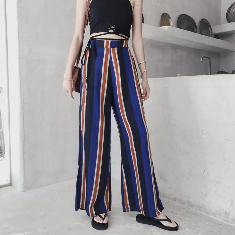 Thailand Flower Pants Beach Striped High Waist Chiffon Wide Leg