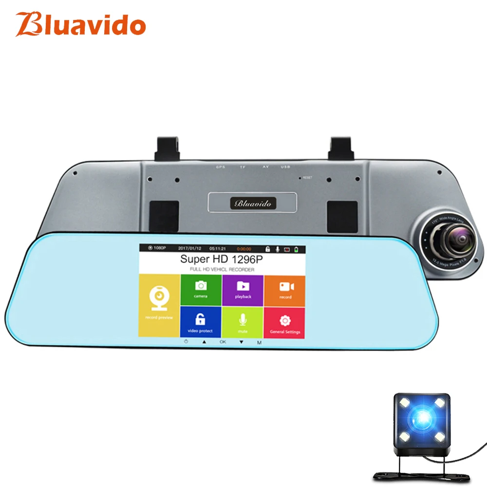 

Bluavido 5 Inch Touch Car Camera Rearview Mirror DVR Full HD 1296P Night Vision ADAS automobile Video Recorder Dual Lens Dashcam