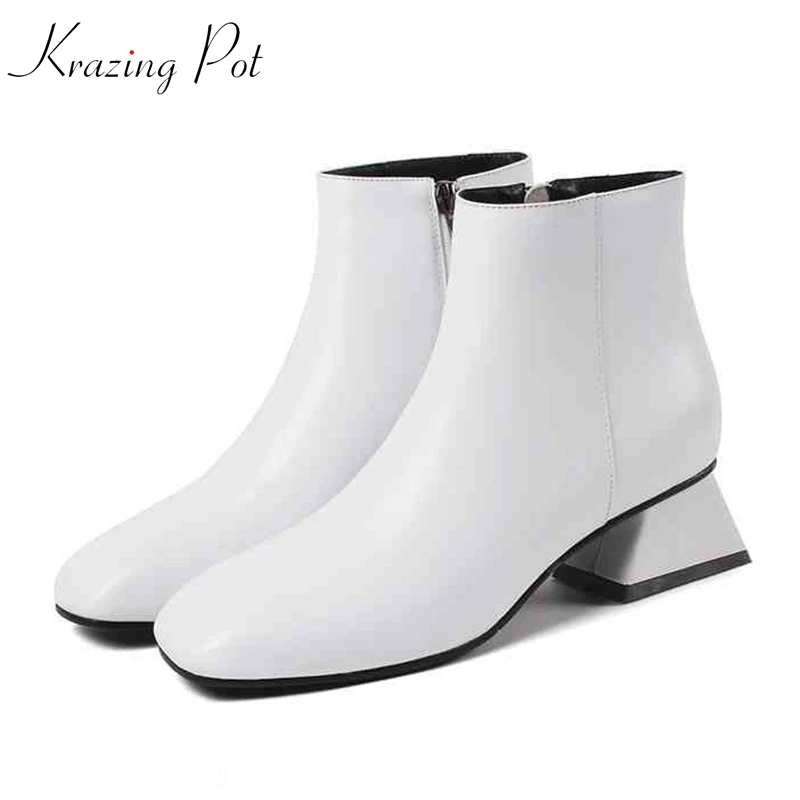 

krazing pot genuine leather square med heels British Chelsea boots women European design Winter concise simple ankle boots L75