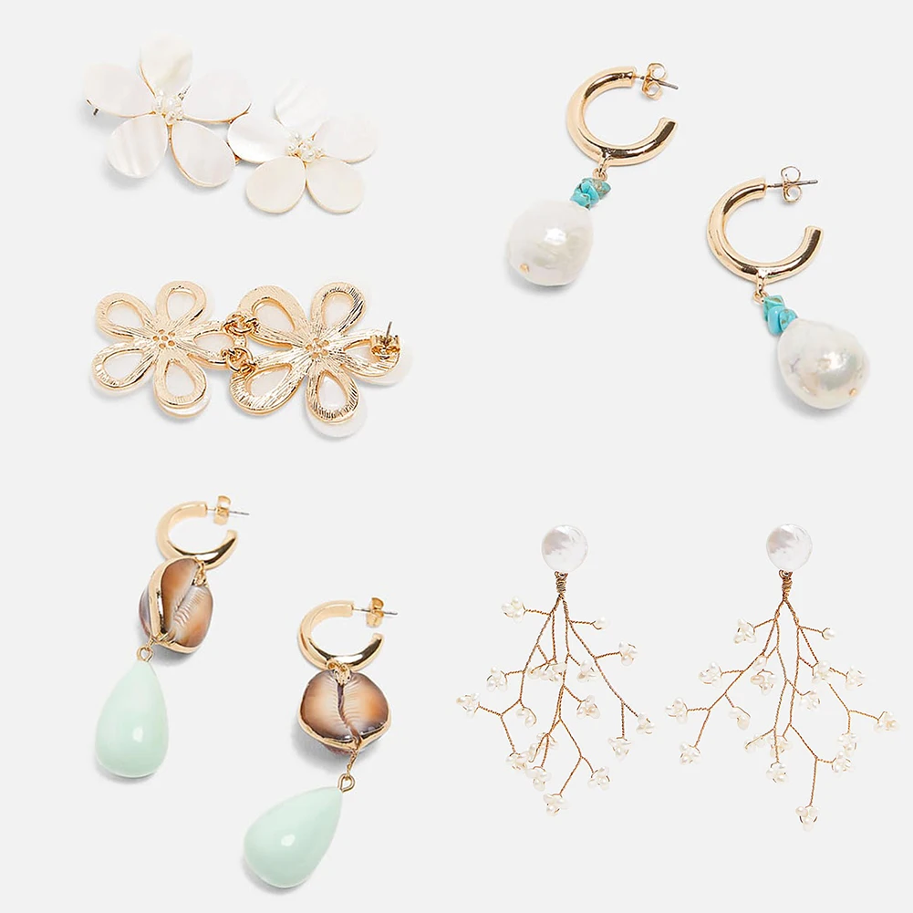 

JUST FEEL New Za Trendy Freshwater Pearl Shell Drop Dangle Earrings Women Round Geometric Boho Pendant Punk Earring Party Summer