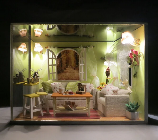 

k002 Miniature DIY wooden doll house parlor drawing room ( furniture,Light,dust cover ) miniatura parlour dollhouse
