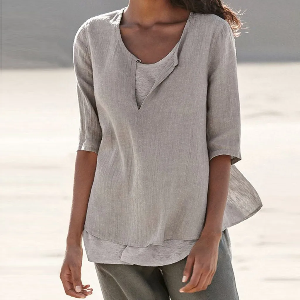 

Women's V Neck Plus Size Loose Linen Casual Button Blouse Tunic Tops Summer Elegant Women's Clothing 2019 Large Size z0518