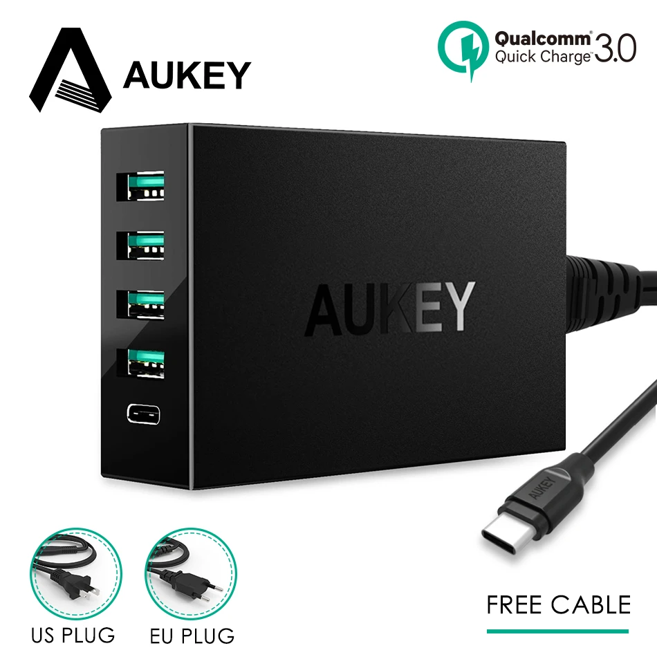 Kopen Type C Charger AUKEY USB Desktop Charger Quick Charge 3.0 mobiele Telefoon Smart Charger Type C Snelle Lading voor Xiaomi Galaxy S8