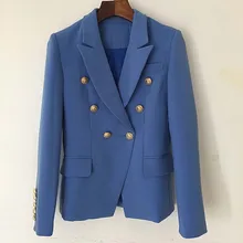 Осенне-зимняя мода, Дизайнерская куртка для подиума, женские двубортные куртки с металлическими пуговицами льва, верхняя одежда голубого цвета