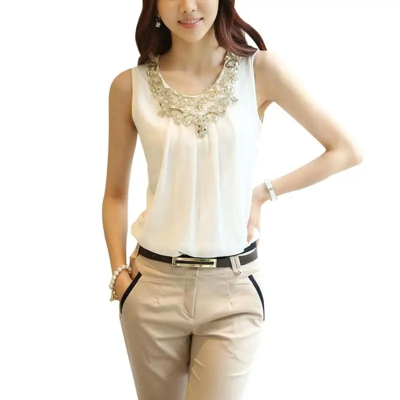 

Women Summer Beading Tees Chiffon Sleeveless Pleated O Neck Tops T-shirts