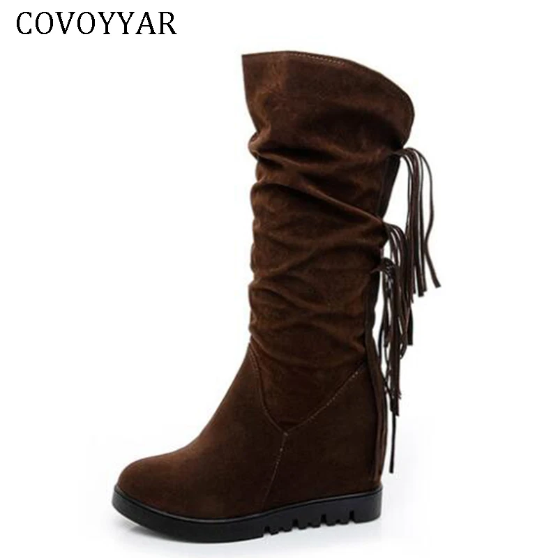 

COVOYYAR 2019 Fringe Women Boots Wedge Platform Tassel Mid-calf Long Autumn Winter Boots Lady Flock Pleated Shoes Woman WBS491