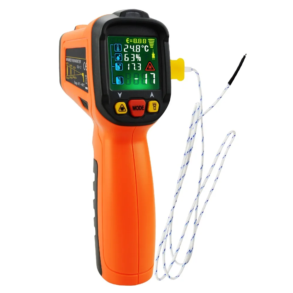 

Non Contact 5-in-1 Infrared Thermometer w/ K-Type, UV Light Leak Detect, DP, IR Surface & Ambient Temp & Humidity 0.5s Instant