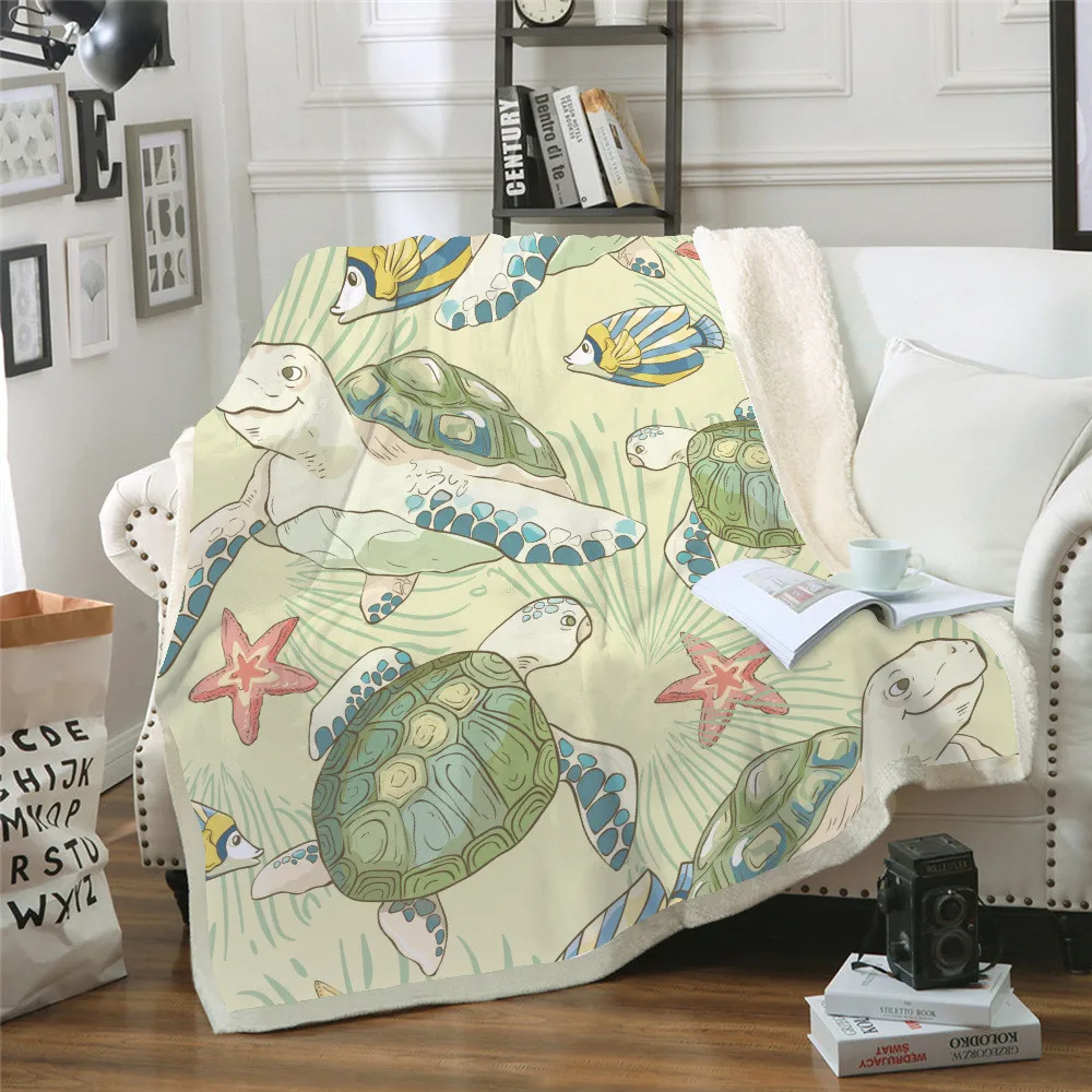 Funny Marine Life Sea Turtle Printing Green Blue Throw Blanket Warm