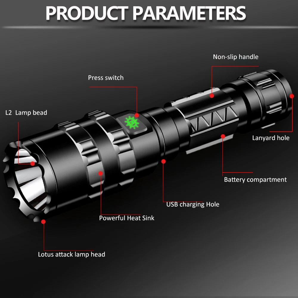 50000LM UltraBright LED التكتيكية مصباح يدوي USB قابلة للشحن للماء الكشفية ضوء الشعلة إضاءة صيد 5 طرق بواسطة 18650 بطارية 50000LM UltraBright LED التكتيكية مصباح يدوي USB قابلة للشحن للماء الكشفية ضوء الشعلة إضاءة صيد 5 طرق بواسطة 18650 بطارية