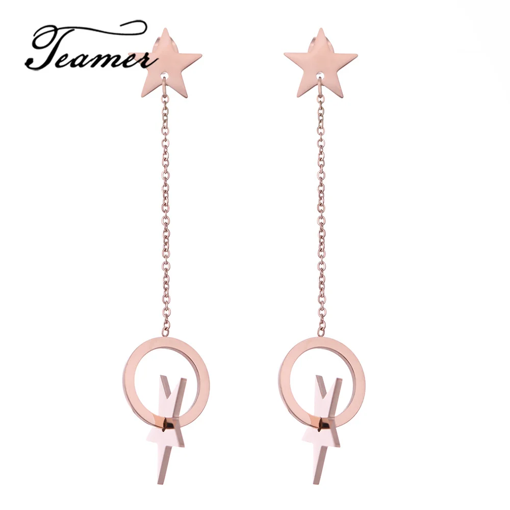 

Teamer Stainless Steel Long Chain Drop Earrings for Women Simple Temperament Korean Gold Earrings Star Circle Jewelry Bijoux