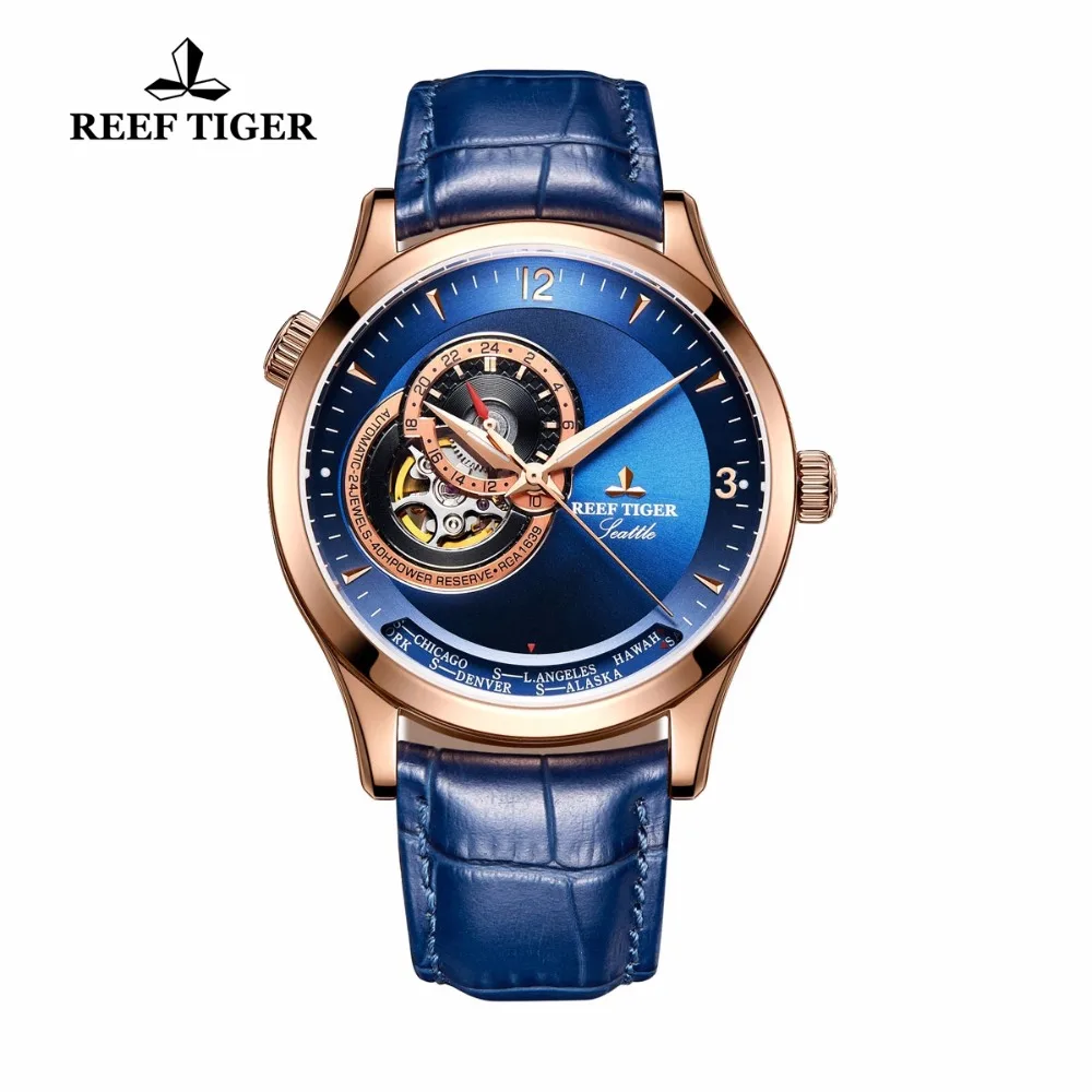 2019 Reef Tiger/RT Casual Watches Water Resistant Rose Gold Blue Dial Watches Leather Watch Band Automatic Watches RGA1693 2019 Reef Tiger/RT Casual Watches Water Resistant Rose Gold Blue Dial Watches Leather Watch Band Automatic Watches RGA1693